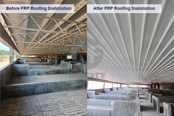 Before and after FRP roofing installation: left image shows exposed metal trusses, while right image showcases FRP-covered interior for corrosion protection.