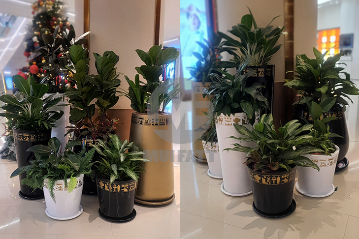 Elegant FRP Planter Pots in Sunway Pyramid Oasis Area – Showcasing gold, black, and white fiberglass-reinforced plastic (FRP) planter pots enhancing the mall's indoor greenery.