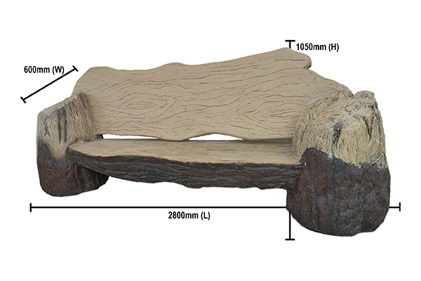 Customized tree trunk bench made from FRP (Fiberglass-Reinforced Plastic), designed to resemble a natural tree trunk. Includes dimensions for a perfect fit in various spaces.