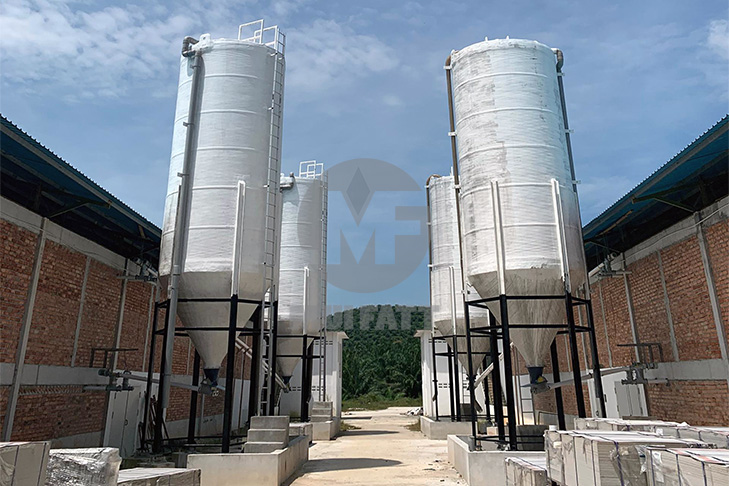 Four custom-made FRP Closed Top Tanks serving as feed silos at a chicken farm in Jeram, Kuala Selangor