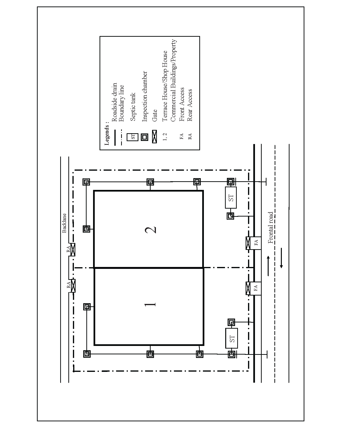 Illustration of septic tank positioning with front access for Bungalow, Terrace House, Shop House, and Commercial Building