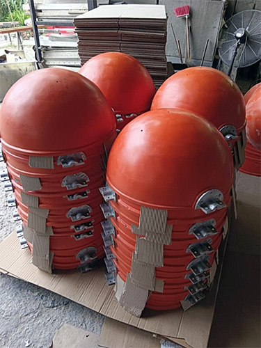 Mui Fatt's FRP Aircraft Warning Sphere in pre-delivery packaging, showcasing durability and high visibility for aviation safety.