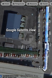 Satellite View of FRP Walkway Canopy Coverage – Google satellite image showing the extensive coverage of an FRP pedestrian walkway canopy.